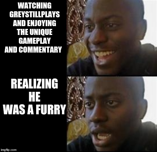 Black guy happy sad | WATCHING GREYSTILLPLAYS AND ENJOYING THE UNIQUE GAMEPLAY AND COMMENTARY; REALIZING HE WAS A FURRY | image tagged in black guy happy sad | made w/ Imgflip meme maker