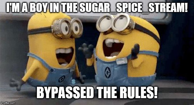 Excited Minions Meme | I'M A BOY IN THE SUGAR_SPICE_STREAM! BYPASSED THE RULES! | image tagged in memes,excited minions | made w/ Imgflip meme maker