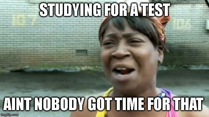 Ain't Nobody Got Time For That | STUDYING FOR A TEST; AINT NOBODY GOT TIME FOR THAT | image tagged in memes,aint nobody got time for that | made w/ Imgflip meme maker