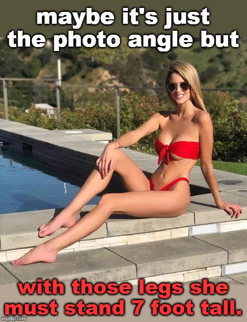 hey !! tall girls need good loving too !! legsetc | maybe it's just the photo angle but; with those legs she must stand 7 foot tall. | image tagged in bikini girls,sexy legs,swimming pool,meme fiend | made w/ Imgflip meme maker
