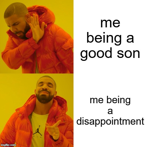 Drake Hotline Bling | me being a good son; me being a disappointment | image tagged in memes,drake hotline bling | made w/ Imgflip meme maker