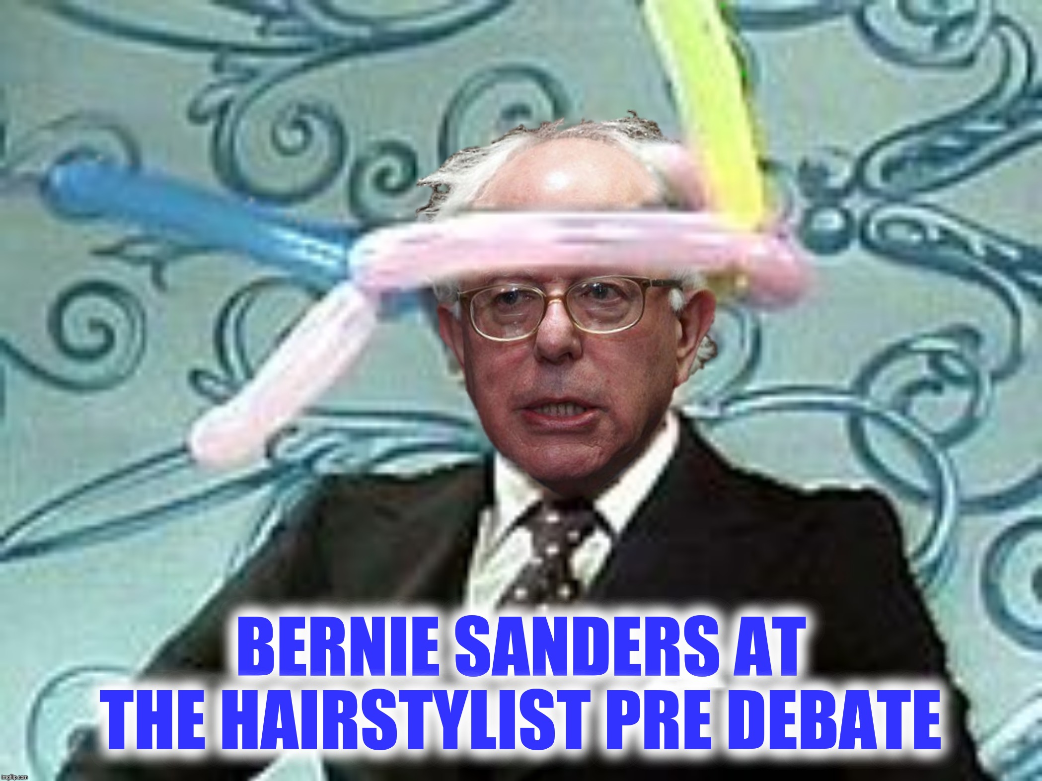 The face you make when you decide to go full Doc Brown | BERNIE SANDERS AT THE HAIRSTYLIST PRE DEBATE | image tagged in bernie sanders,static electricity,debate,hairstyle | made w/ Imgflip meme maker