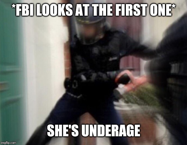 FBI Door Breach | *FBI LOOKS AT THE FIRST ONE* SHE'S UNDERAGE | image tagged in fbi door breach | made w/ Imgflip meme maker