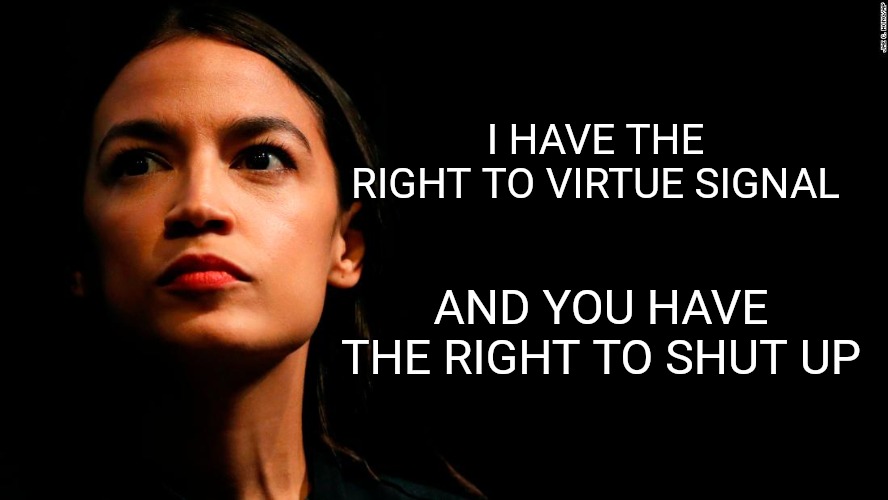 ocasio-cortez super genius | I HAVE THE RIGHT TO VIRTUE SIGNAL AND YOU HAVE THE RIGHT TO SHUT UP | image tagged in ocasio-cortez super genius | made w/ Imgflip meme maker