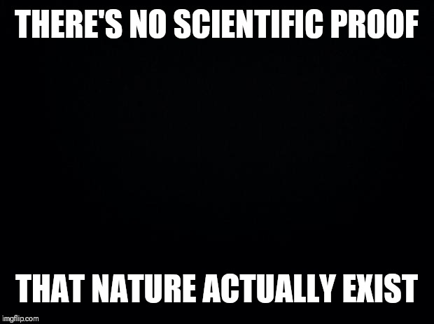 Black background | THERE'S NO SCIENTIFIC PROOF; THAT NATURE ACTUALLY EXIST | image tagged in black background | made w/ Imgflip meme maker