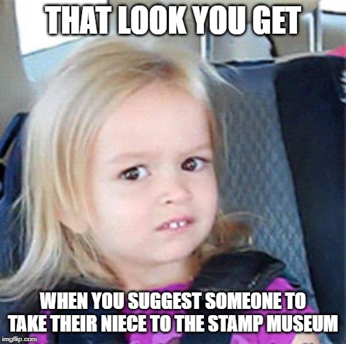 Confused Little Girl | THAT LOOK YOU GET; WHEN YOU SUGGEST SOMEONE TO TAKE THEIR NIECE TO THE STAMP MUSEUM | image tagged in confused little girl | made w/ Imgflip meme maker