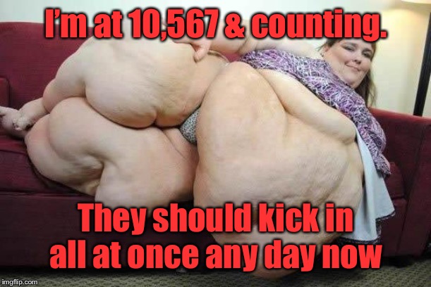 fat girl | I’m at 10,567 & counting. They should kick in all at once any day now | image tagged in fat girl | made w/ Imgflip meme maker