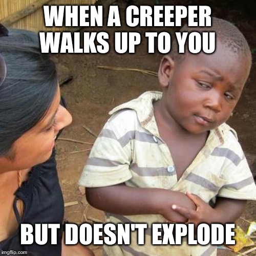 Third World Skeptical Kid | WHEN A CREEPER WALKS UP TO YOU; BUT DOESN'T EXPLODE | image tagged in memes,third world skeptical kid | made w/ Imgflip meme maker
