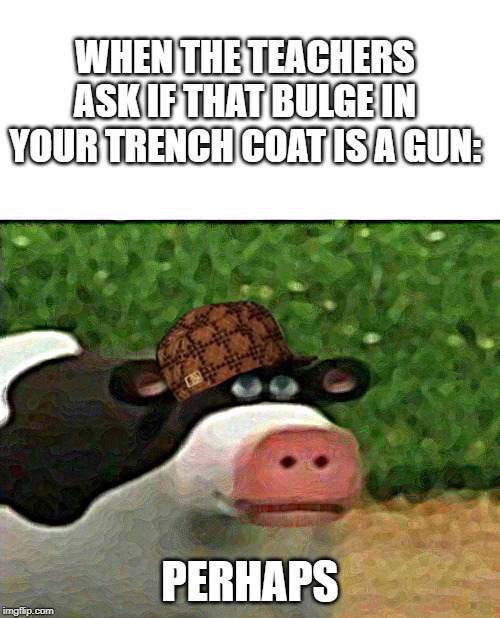 Perhaps cow | WHEN THE TEACHERS ASK IF THAT BULGE IN YOUR TRENCH COAT IS A GUN:; PERHAPS | image tagged in perhaps cow | made w/ Imgflip meme maker