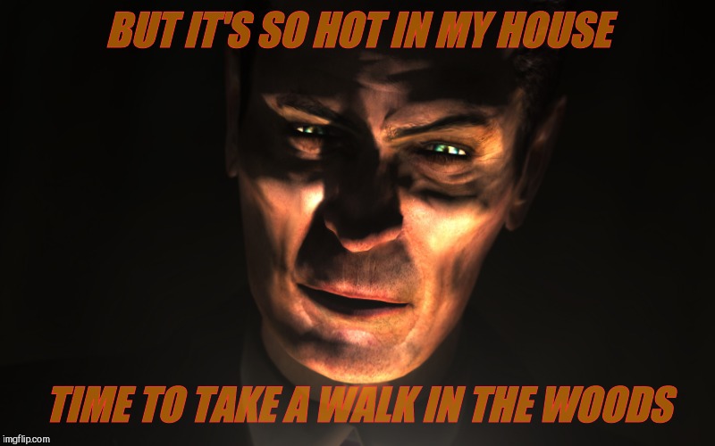 . | BUT IT'S SO HOT IN MY HOUSE TIME TO TAKE A WALK IN THE WOODS | image tagged in g-man from half-life | made w/ Imgflip meme maker