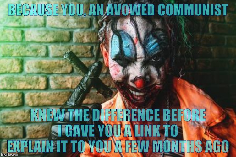 w | BECAUSE YOU, AN AVOWED COMMUNIST KNEW THE DIFFERENCE BEFORE I GAVE YOU A LINK TO EXPLAIN IT TO YOU A FEW MONTHS AGO | image tagged in clown s/sh | made w/ Imgflip meme maker