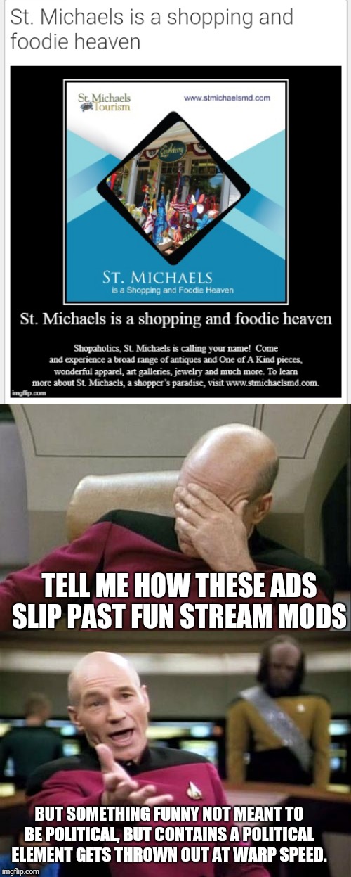 See these ads super frequently lately. | TELL ME HOW THESE ADS SLIP PAST FUN STREAM MODS; BUT SOMETHING FUNNY NOT MEANT TO BE POLITICAL, BUT CONTAINS A POLITICAL ELEMENT GETS THROWN OUT AT WARP SPEED. | image tagged in picard wtf,captain picard facepalm,fun stream,wtf,ads,memes | made w/ Imgflip meme maker