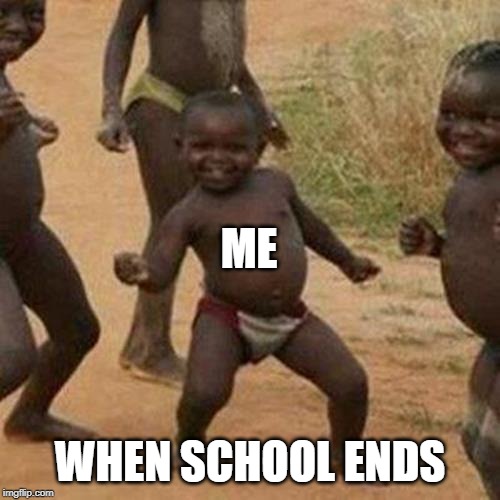 Third World Success Kid | ME; WHEN SCHOOL ENDS | image tagged in memes,third world success kid | made w/ Imgflip meme maker