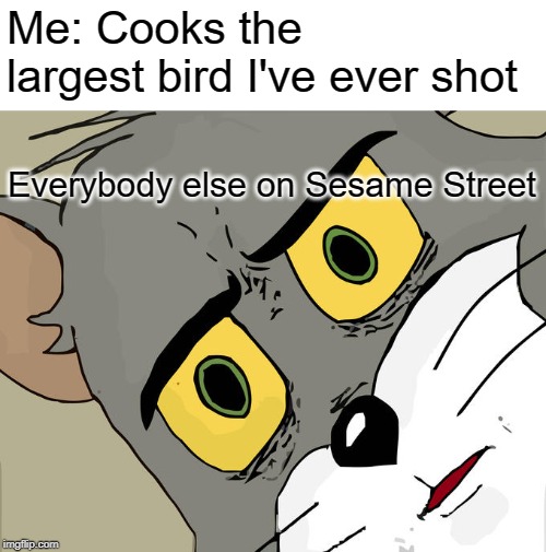 That morning I shot me a monster and a grouch | Me: Cooks the largest bird I've ever shot; Everybody else on Sesame Street | image tagged in memes,unsettled tom,sesame street,big bird | made w/ Imgflip meme maker