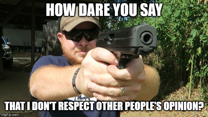 Look into a gun | HOW DARE YOU SAY; THAT I DON'T RESPECT OTHER PEOPLE'S OPINION? | image tagged in look into a gun | made w/ Imgflip meme maker