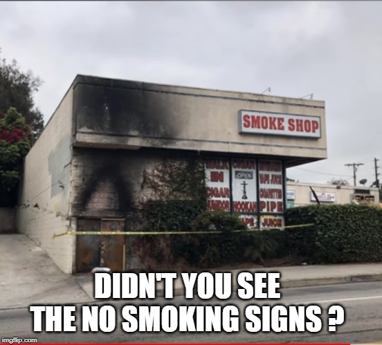 business up in smoke | DIDN'T YOU SEE THE NO SMOKING SIGNS ? | image tagged in smoke,fire | made w/ Imgflip meme maker