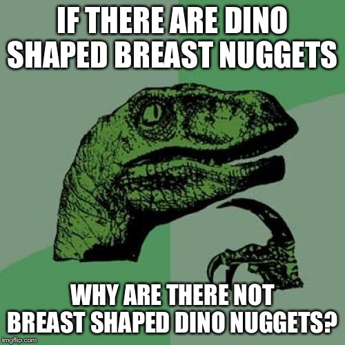 A good question... I’m sure at least some creepy person would buy it.. | IF THERE ARE DINO SHAPED BREAST NUGGETS; WHY ARE THERE NOT BREAST SHAPED DINO NUGGETS? | image tagged in memes,philosoraptor,chicken,chicken nuggets,dino | made w/ Imgflip meme maker