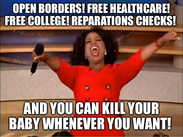 Oprah You Get A Meme | OPEN BORDERS! FREE HEALTHCARE! FREE COLLEGE! REPARATIONS CHECKS! AND YOU CAN KILL YOUR BABY WHENEVER YOU WANT! | image tagged in memes,oprah you get a | made w/ Imgflip meme maker