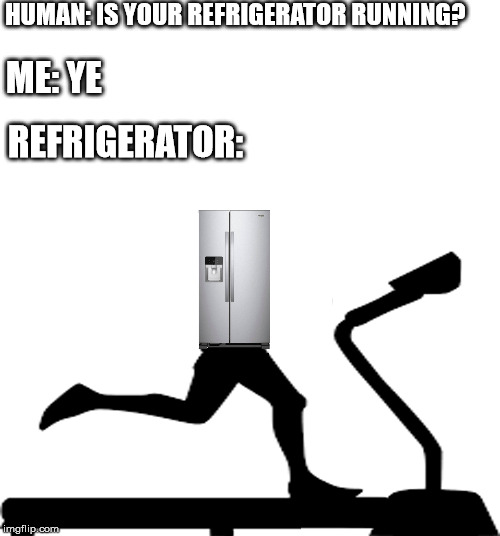 Is Your Refrigerator Running? | HUMAN: IS YOUR REFRIGERATOR RUNNING? ME: YE; REFRIGERATOR: | image tagged in is your refrigerator running,memes | made w/ Imgflip meme maker