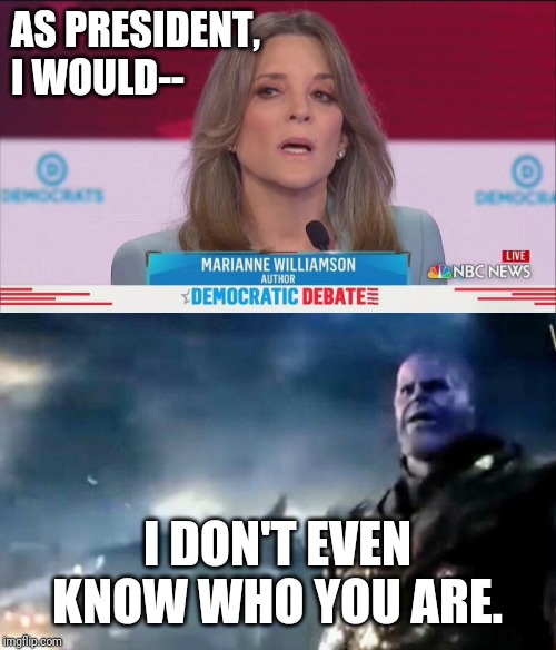 Who? | AS PRESIDENT, I WOULD--; I DON'T EVEN KNOW WHO YOU ARE. | image tagged in democratic party,presidential debate,liberals,thanos,i don't know who are you,funny memes | made w/ Imgflip meme maker