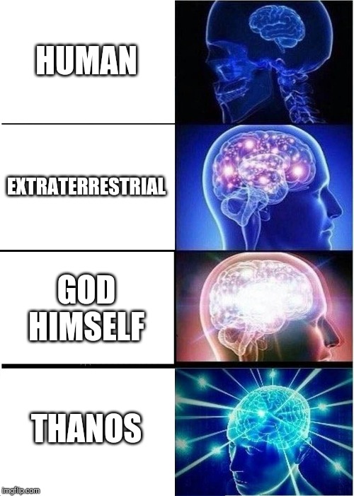 Expanding Brain Meme | HUMAN; EXTRATERRESTRIAL; GOD HIMSELF; THANOS | image tagged in memes,expanding brain | made w/ Imgflip meme maker