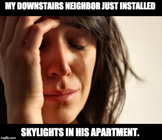 First World Problems Meme | MY DOWNSTAIRS NEIGHBOR JUST INSTALLED; SKYLIGHTS IN HIS APARTMENT. | image tagged in memes,first world problems | made w/ Imgflip meme maker