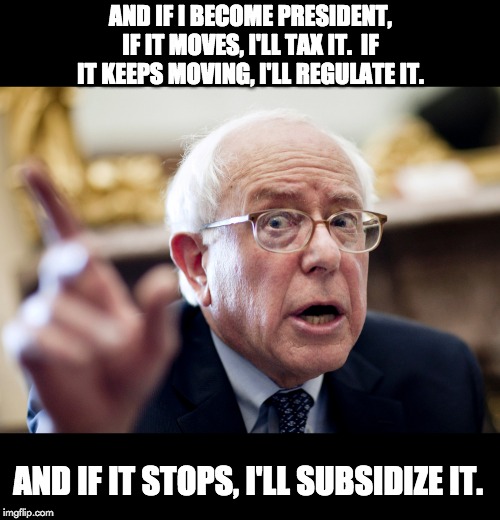 Crazy Bernie Sanders | AND IF I BECOME PRESIDENT, IF IT MOVES, I'LL TAX IT.  IF IT KEEPS MOVING, I'LL REGULATE IT. AND IF IT STOPS, I'LL SUBSIDIZE IT. | image tagged in crazy bernie sanders | made w/ Imgflip meme maker