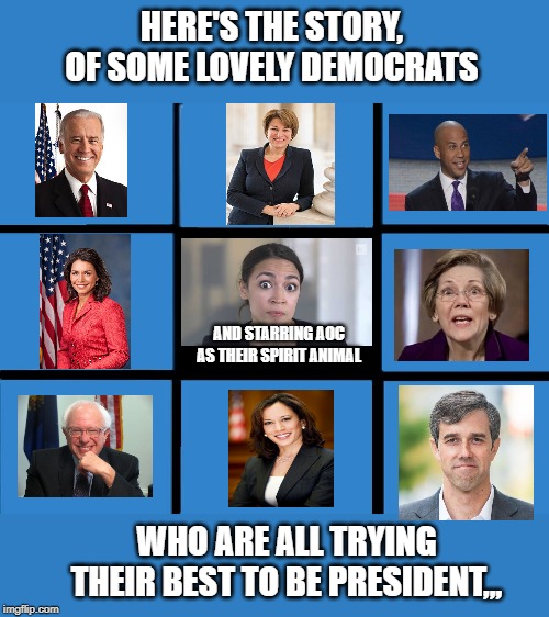 The Democrat Bunch | HERE'S THE STORY, OF SOME LOVELY DEMOCRATS; AND STARRING AOC AS THEIR SPIRIT ANIMAL; WHO ARE ALL TRYING THEIR BEST TO BE PRESIDENT,,, | image tagged in brady bunch squares | made w/ Imgflip meme maker