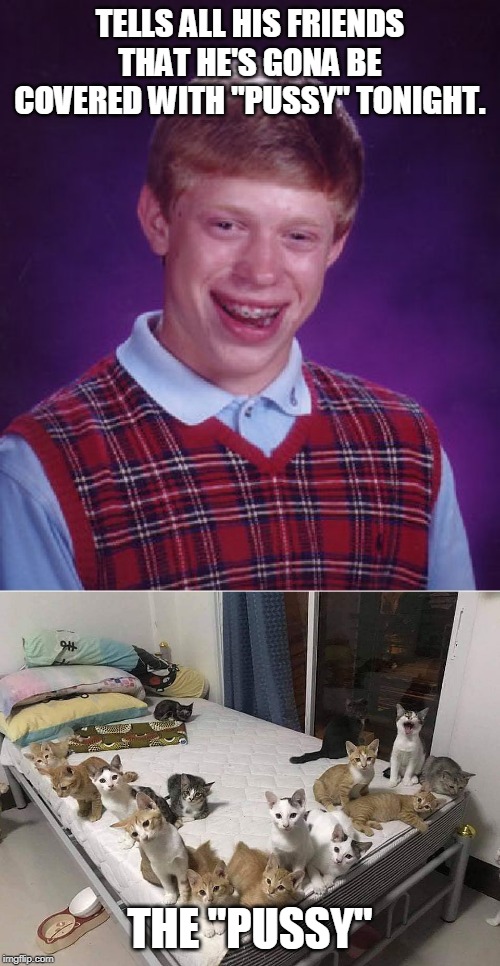 PUSSY? | TELLS ALL HIS FRIENDS THAT HE'S GONA BE COVERED WITH "PUSSY" TONIGHT. THE "PUSSY" | image tagged in memes,bad luck brian,cats,cat | made w/ Imgflip meme maker