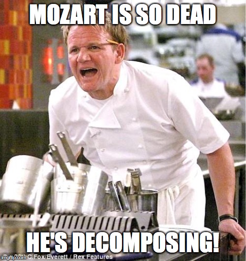 Chef Gordon Ramsay | MOZART IS SO DEAD; HE'S DECOMPOSING! | image tagged in memes,chef gordon ramsay | made w/ Imgflip meme maker