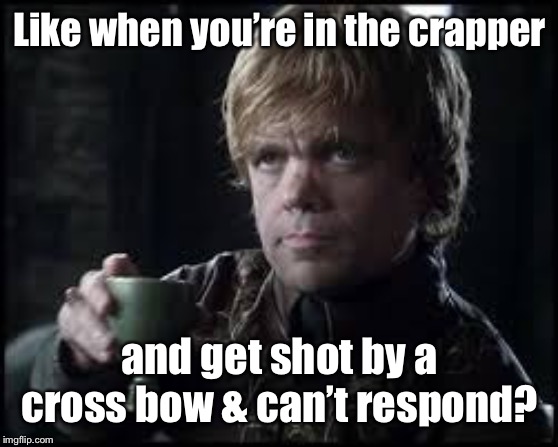 Tyrion Lannister | Like when you’re in the crapper and get shot by a cross bow & can’t respond? | image tagged in tyrion lannister | made w/ Imgflip meme maker