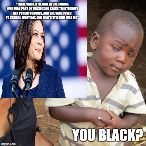 “THERE WAS LITTLE GIRL IN CALIFORNIA WHO WAS PART OF THE SECOND CLASS TO INTEGRATE HER PUBLIC SCHOOLS, AND SHE WAS BUSED TO SCHOOL EVERY DAY, AND THAT LITTLE GIRL WAS ME.”; YOU BLACK? | image tagged in political meme | made w/ Imgflip meme maker