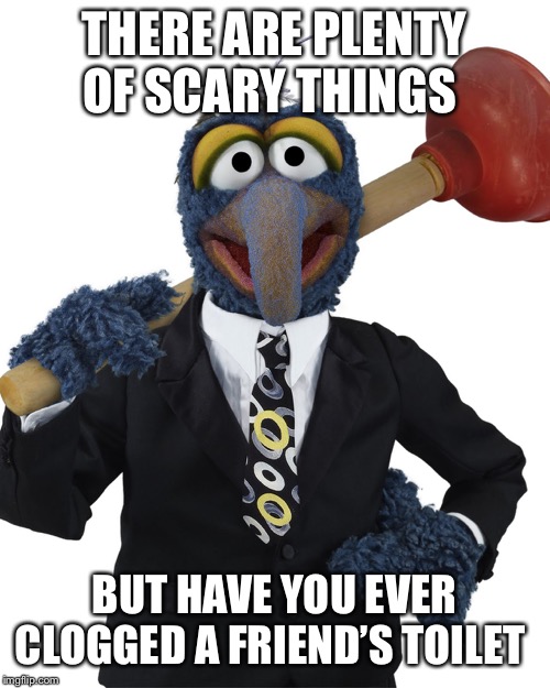 Save it for home | THERE ARE PLENTY OF SCARY THINGS; BUT HAVE YOU EVER CLOGGED A FRIEND’S TOILET | image tagged in gonzo plunger | made w/ Imgflip meme maker