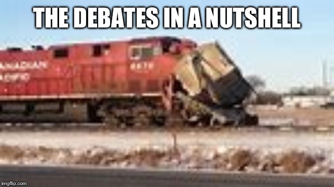 Train crash | THE DEBATES IN A NUTSHELL | image tagged in train crash | made w/ Imgflip meme maker