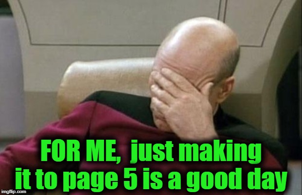Captain Picard Facepalm Meme | FOR ME,  just making it to page 5 is a good day | image tagged in memes,captain picard facepalm | made w/ Imgflip meme maker