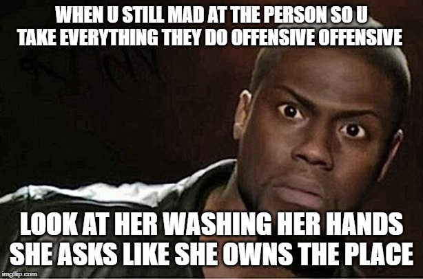 Kevin Hart | WHEN U STILL MAD AT THE PERSON SO U TAKE EVERYTHING THEY DO OFFENSIVE OFFENSIVE; LOOK AT HER WASHING HER HANDS SHE ASKS LIKE SHE OWNS THE PLACE | image tagged in memes,kevin hart | made w/ Imgflip meme maker