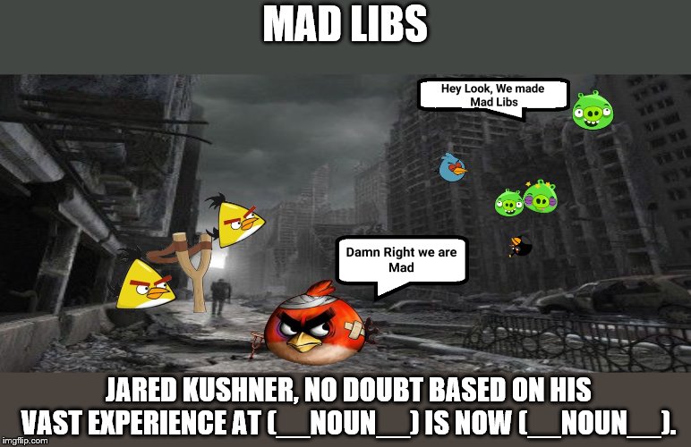 Mad Libs | MAD LIBS; JARED KUSHNER, NO DOUBT BASED ON HIS VAST EXPERIENCE AT (__NOUN__) IS NOW (__NOUN__). | image tagged in game,angry birds,trump,jared kushner | made w/ Imgflip meme maker