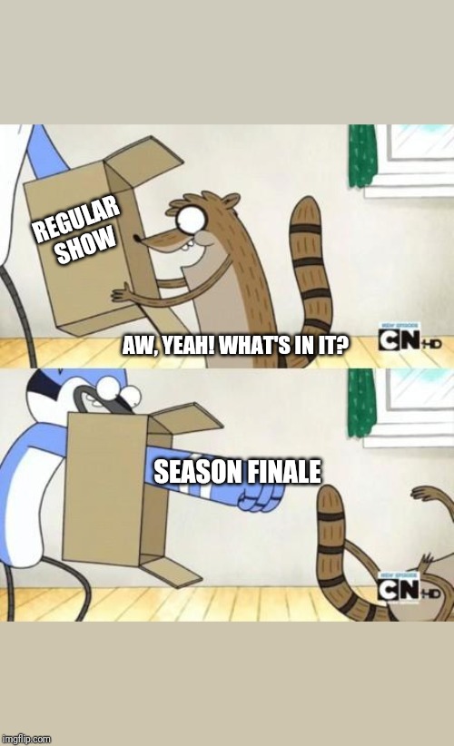 Mordecai Punches Rigby Through a Box | REGULAR SHOW; AW, YEAH! WHAT'S IN IT? SEASON FINALE | image tagged in mordecai punches rigby through a box | made w/ Imgflip meme maker