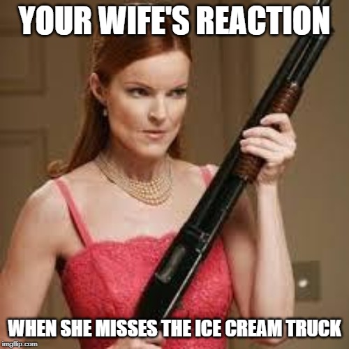 wife with a shotgun |  YOUR WIFE'S REACTION; WHEN SHE MISSES THE ICE CREAM TRUCK | image tagged in wife with a shotgun,ice cream truck,funny | made w/ Imgflip meme maker