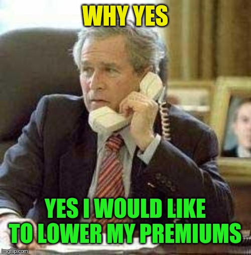 Bush phone | WHY YES YES I WOULD LIKE TO LOWER MY PREMIUMS | image tagged in bush phone | made w/ Imgflip meme maker