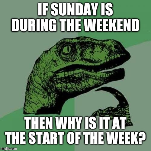 Philosoraptor | IF SUNDAY IS DURING THE WEEKEND; THEN WHY IS IT AT THE START OF THE WEEK? | image tagged in memes,philosoraptor | made w/ Imgflip meme maker