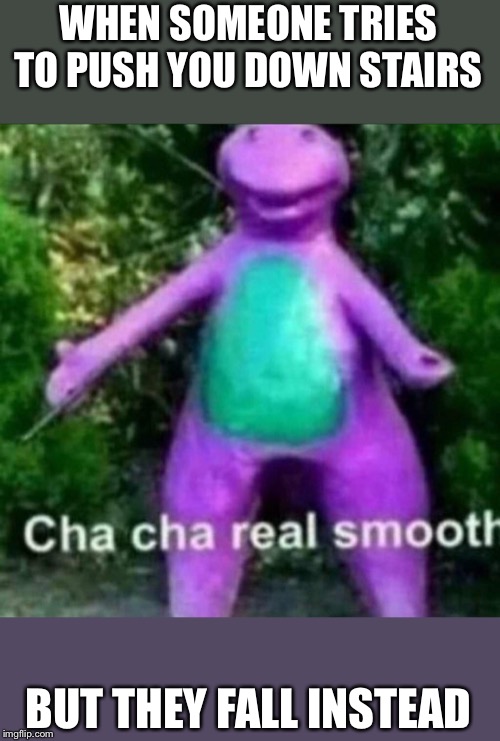 Cha Cha Real Smooth | WHEN SOMEONE TRIES TO PUSH YOU DOWN STAIRS; BUT THEY FALL INSTEAD | image tagged in cha cha real smooth | made w/ Imgflip meme maker