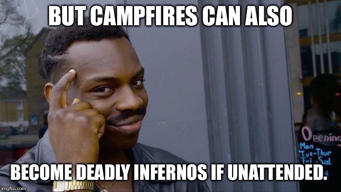 Roll Safe Think About It Meme | BUT CAMPFIRES CAN ALSO BECOME DEADLY INFERNOS IF UNATTENDED. | image tagged in memes,roll safe think about it | made w/ Imgflip meme maker