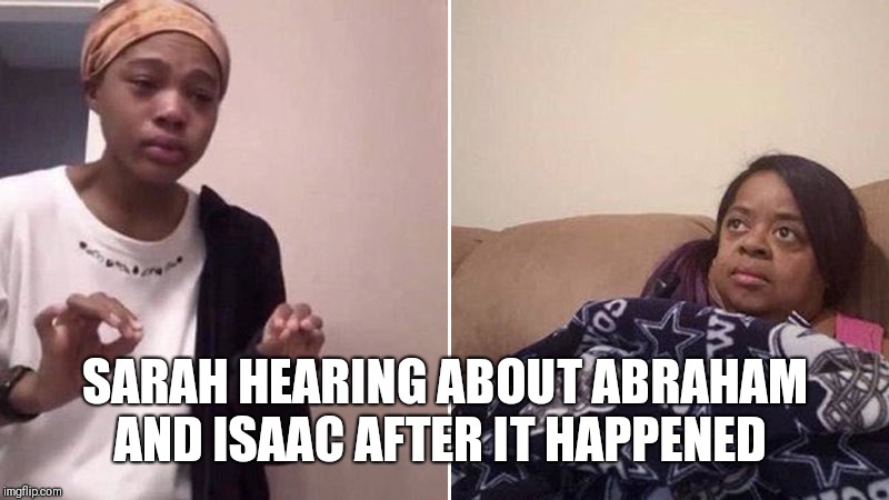 Me explaining to my mom | SARAH HEARING ABOUT ABRAHAM AND ISAAC AFTER IT HAPPENED | image tagged in me explaining to my mom | made w/ Imgflip meme maker