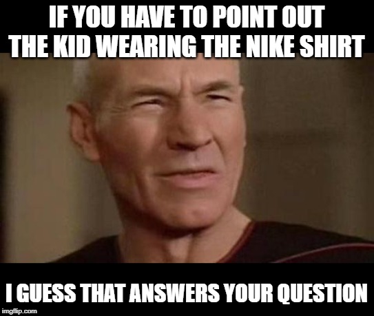 Picard What Did You Say | IF YOU HAVE TO POINT OUT THE KID WEARING THE NIKE SHIRT I GUESS THAT ANSWERS YOUR QUESTION | image tagged in picard what did you say | made w/ Imgflip meme maker