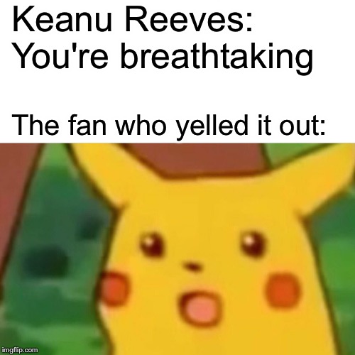 You're breathtaking!! | Keanu Reeves: You're breathtaking; The fan who yelled it out: | image tagged in memes,surprised pikachu | made w/ Imgflip meme maker