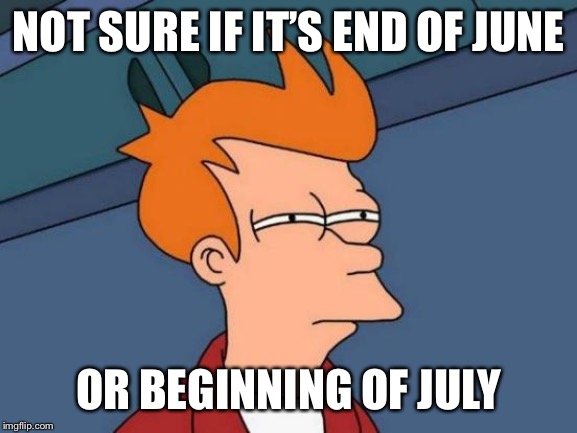 Futurama Fry Meme | NOT SURE IF IT’S END OF JUNE; OR BEGINNING OF JULY | image tagged in memes,futurama fry | made w/ Imgflip meme maker