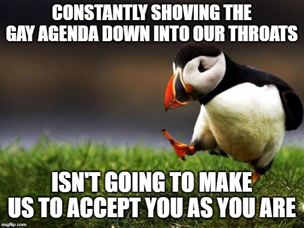 Unpopular Opinion Puffin | CONSTANTLY SHOVING THE GAY AGENDA DOWN INTO OUR THROATS; ISN'T GOING TO MAKE US TO ACCEPT YOU AS YOU ARE | image tagged in memes,unpopular opinion puffin | made w/ Imgflip meme maker