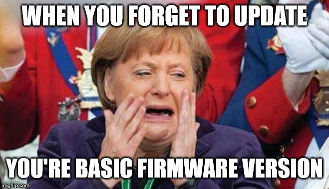 merkel | WHEN YOU FORGET TO UPDATE YOU'RE BASIC FIRMWARE VERSION | image tagged in merkel | made w/ Imgflip meme maker