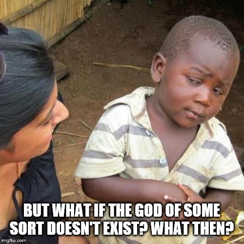 Third World Skeptical Kid Meme | BUT WHAT IF THE GOD OF SOME SORT DOESN'T EXIST? WHAT THEN? | image tagged in memes,third world skeptical kid | made w/ Imgflip meme maker